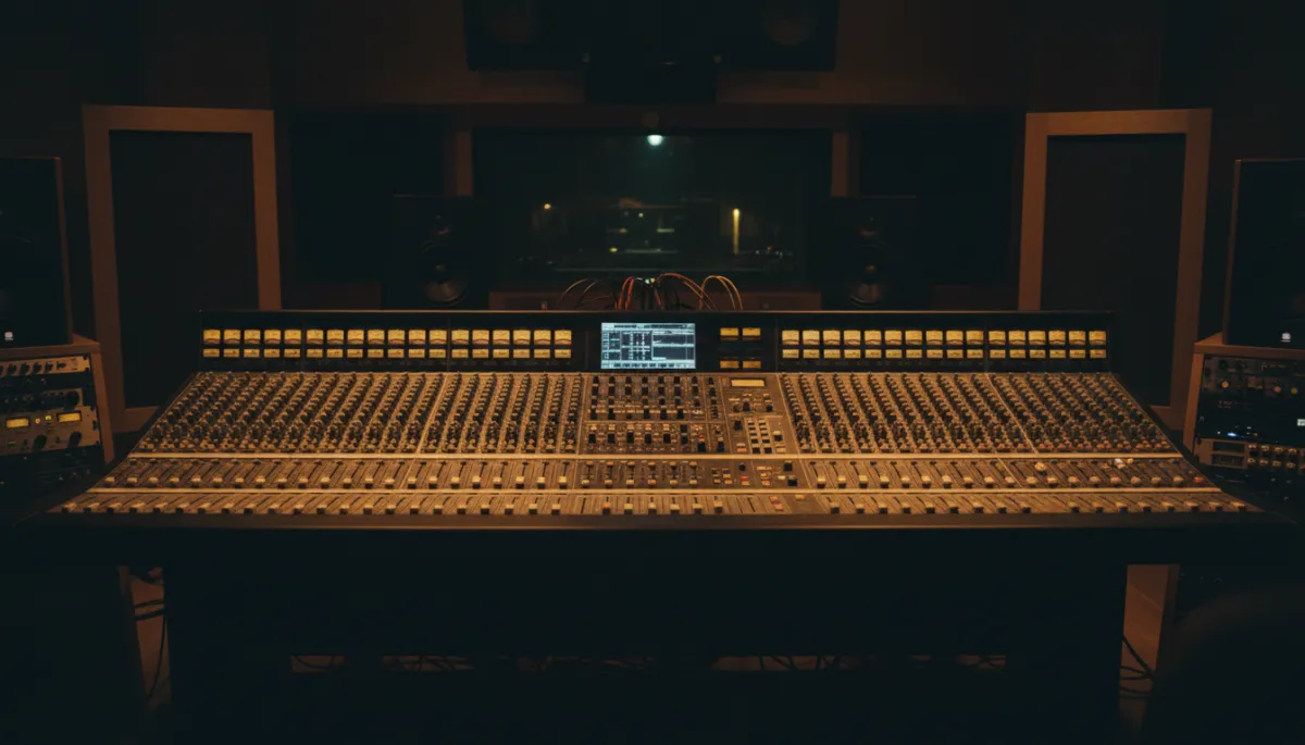 Sound mixing console in a dimly lit studio