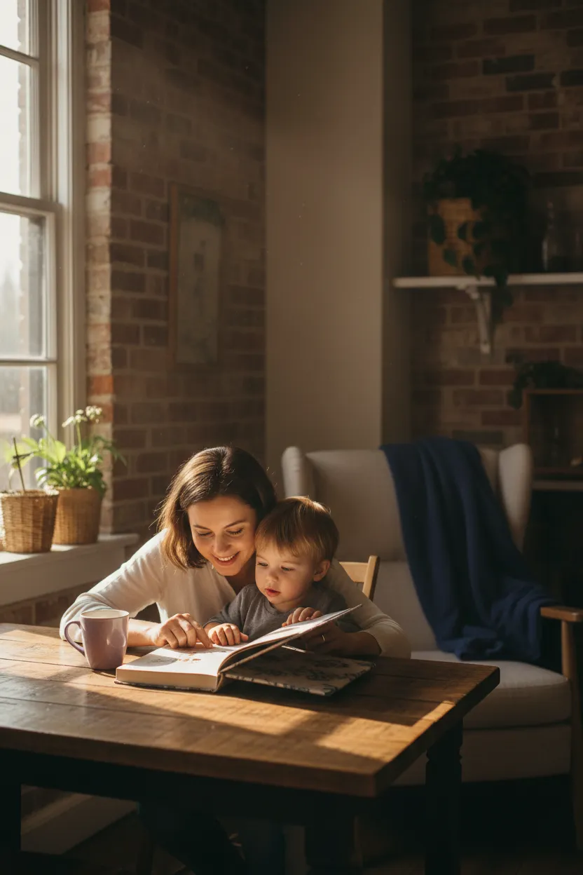 Warm lifestyle image of a homeschooling mom