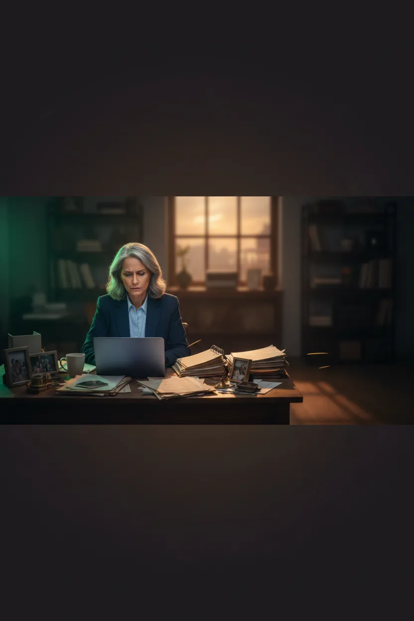 A stressed business owner looking at a laptop, fading into a confident teen running ad campaigns