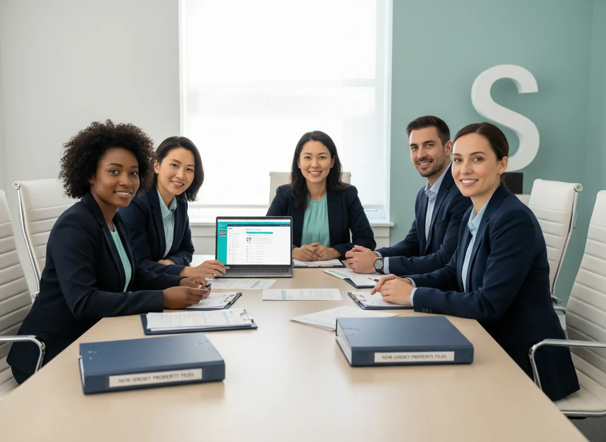 Professional team reviewing New Jersey real estate title documents in a modern office