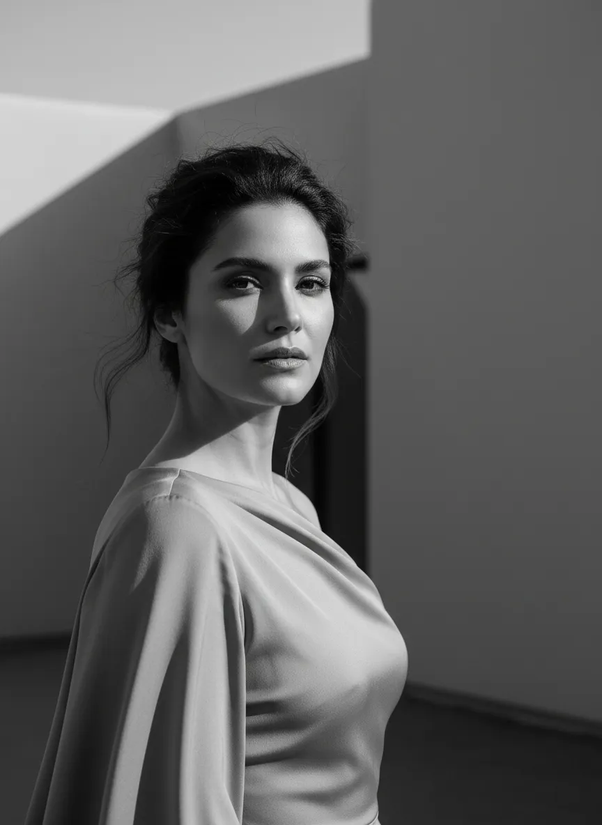 Editorial portrait of Leandra Mora in black and white with a subtle vignette