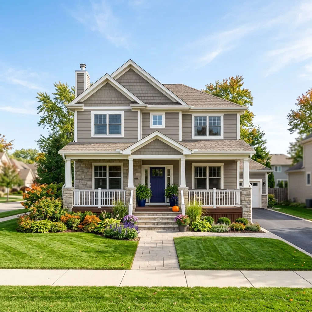Bright welcoming suburban home in Northwest Arkansas with clean porch and seasonal pumpkin accent