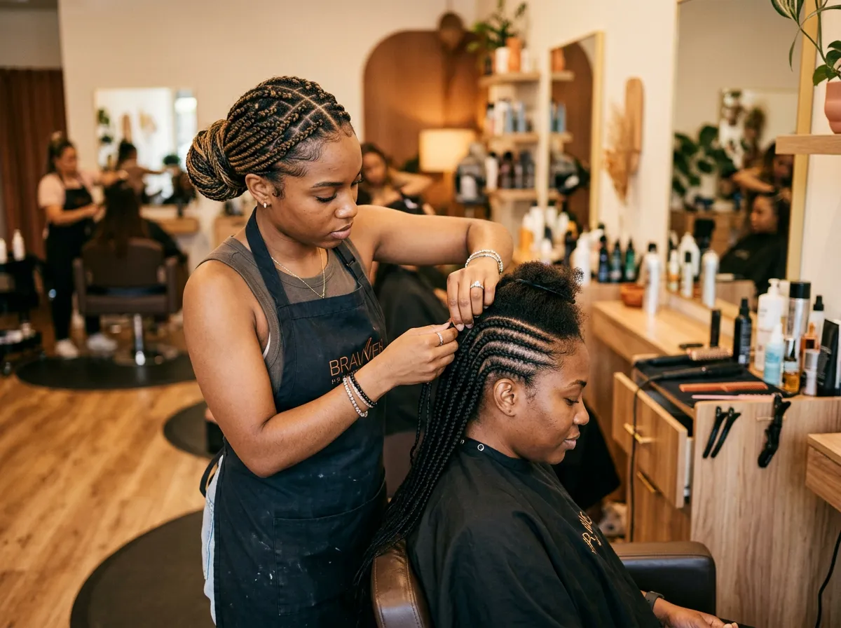 A female hairstylist with braids focused on braiding a client's hair in a salon setting, warm atmospheric lighting