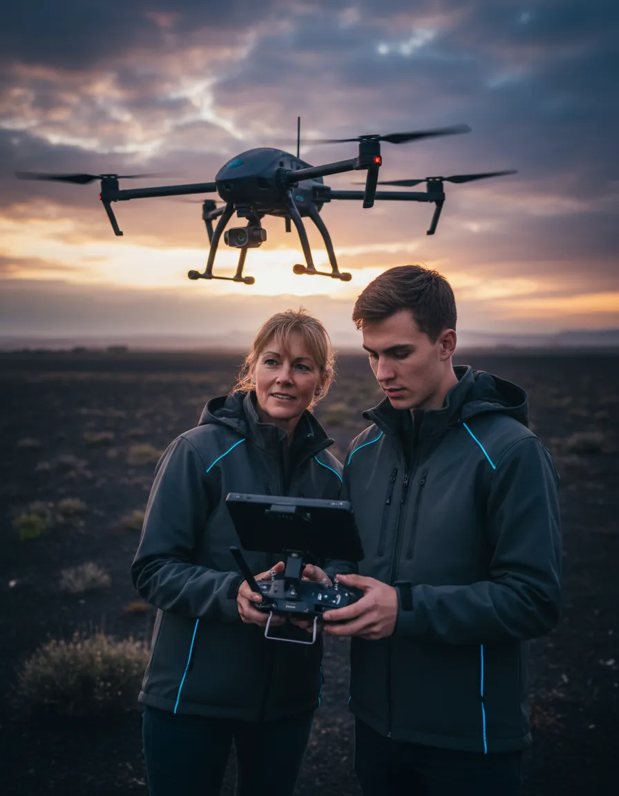Instructor and student operating a high-end drone outdoors