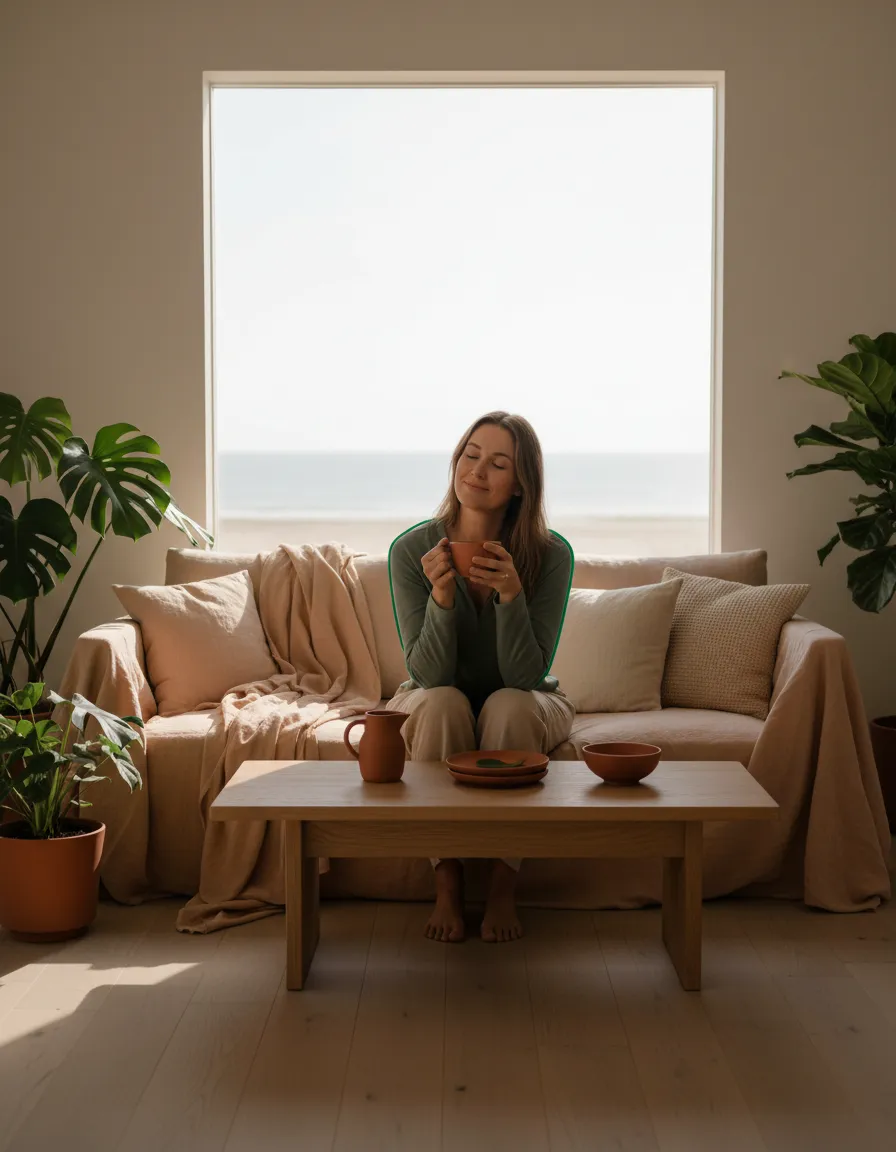 Femme authentique et sereine dans un intérieur naturel et lumineux