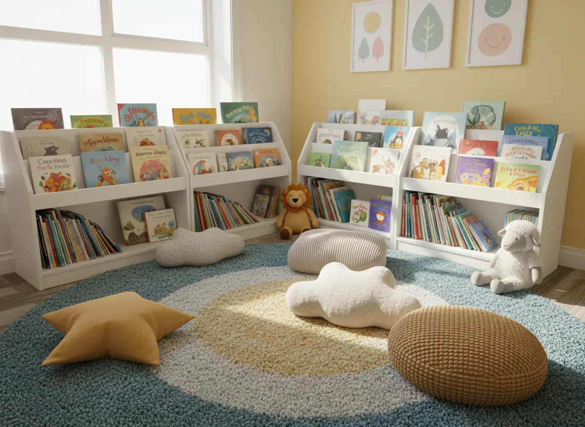 Cozy reading corner with books and cushions