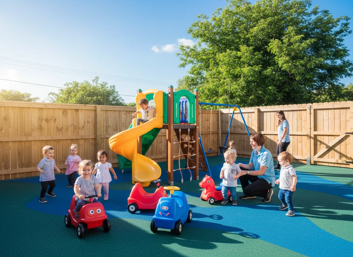Safe outdoor playground with slides and climbing structures