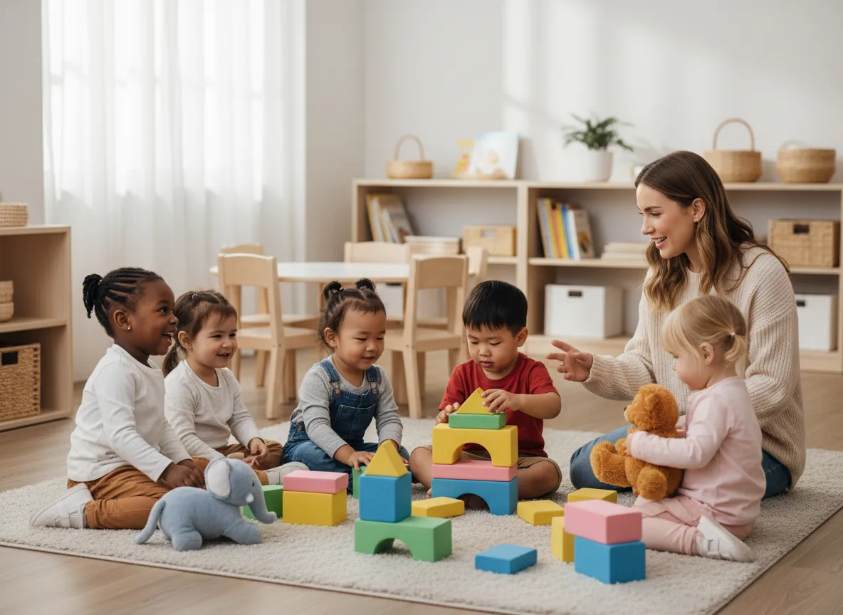 Happy toddlers playing with colorful toys at BrightSteps Daycare