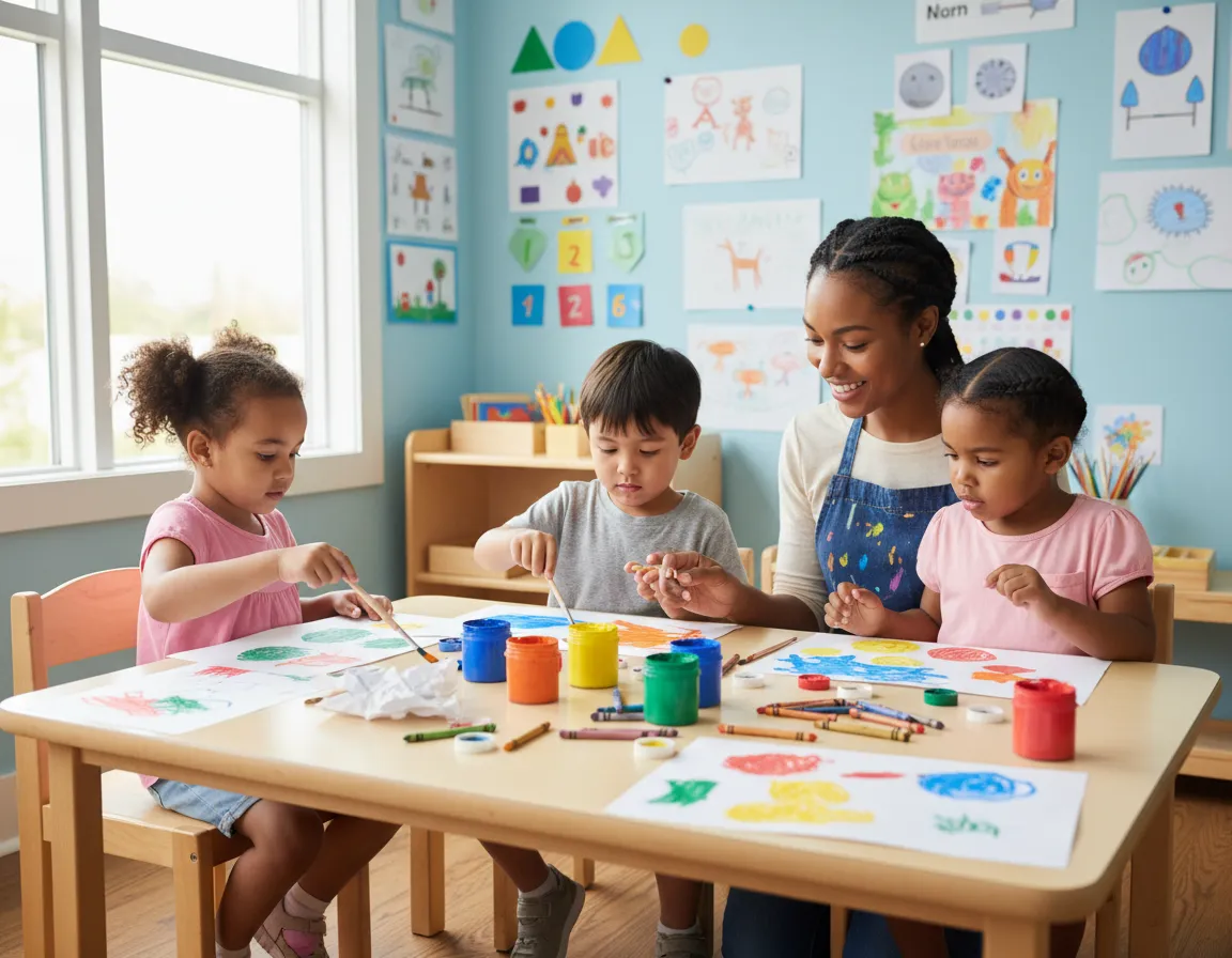 Preschool children doing art at small table