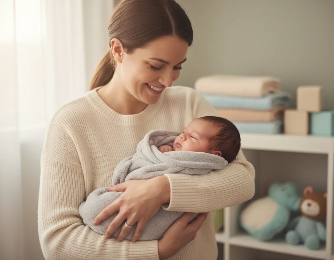 Caregiver holding smiling infant at daycare