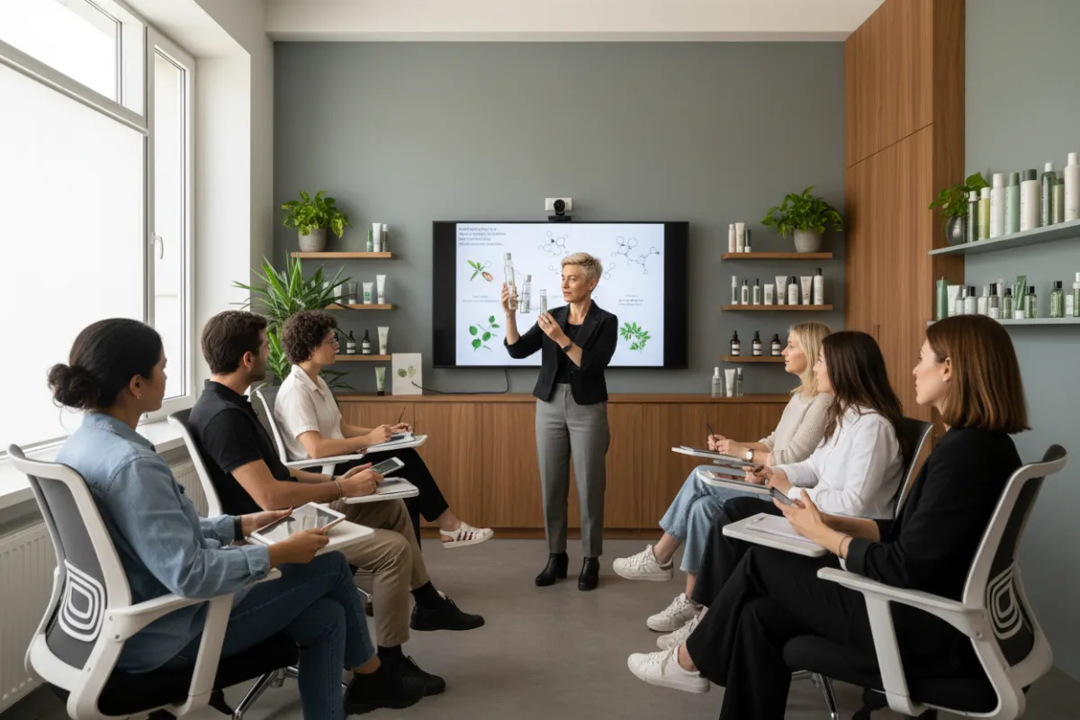 Grupo diverso de profissionais de beleza em sala de aula, instrutor apresentando materiais de terapia capilar, ambiente iluminado, expressão de interesse, estilo contemporâneo, composição horizontal.