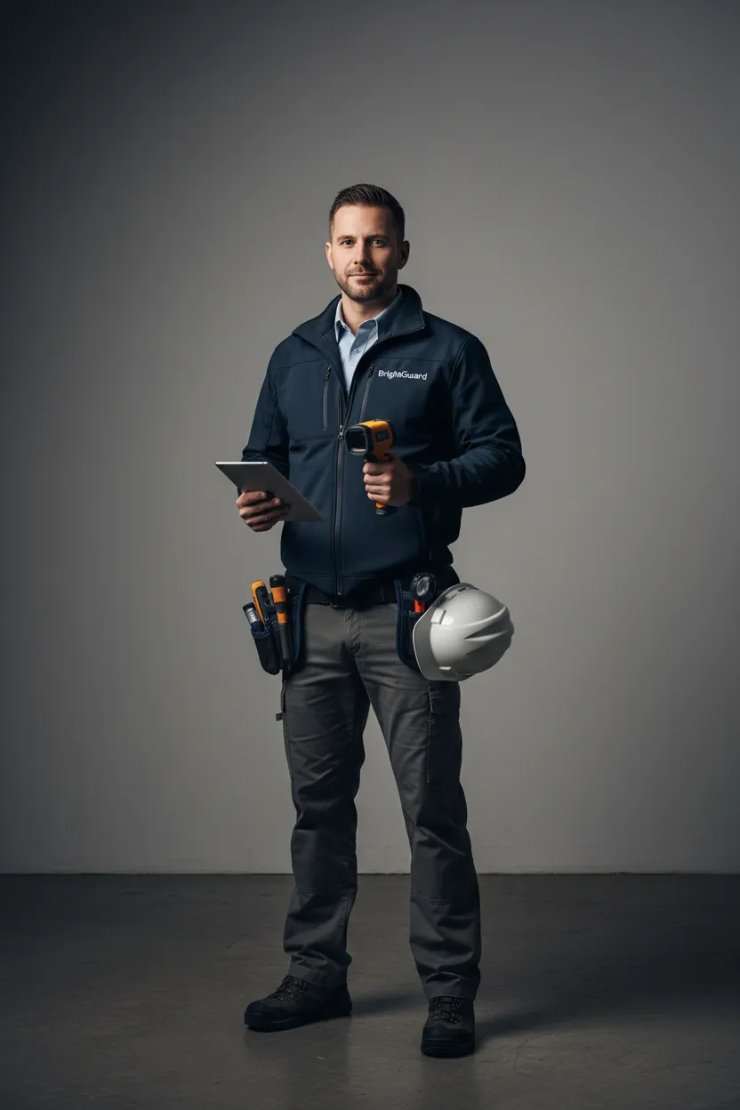 Full‑length portrait of a professional home inspector in a navy BrightGuard jacket, standing confidently with tools and thermal camera.