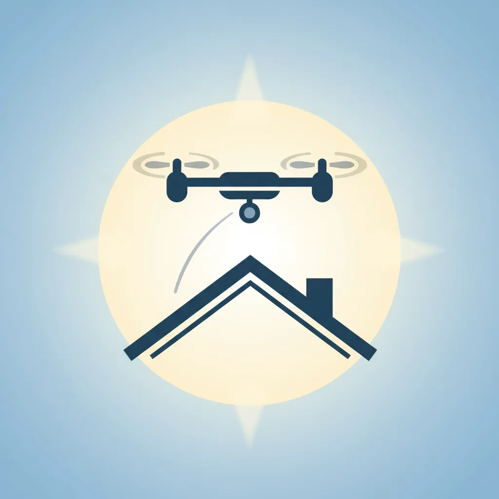Drone icon over a house silhouette with propellers visible, representing aerial drone roof inspections.