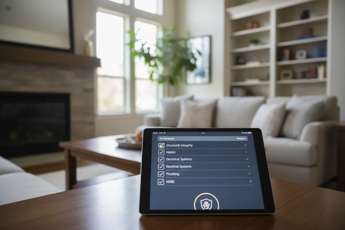 Bright living room with inspector's checklist on tablet, conveying trust and clarity during home inspection.
