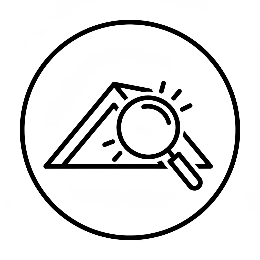 Icon of a roof outline with magnifying glass, clear bold lines to signify Roof Inspections and structural focus.