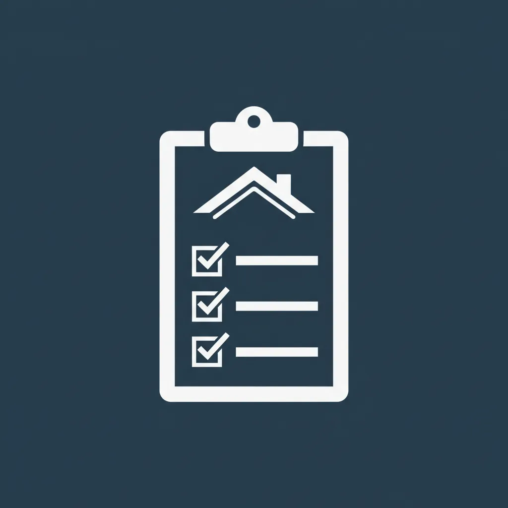 Icon-style image of a clipboard with checklist and roof silhouette, flat modern illustration in white on navy to represent Full Home Inspections.