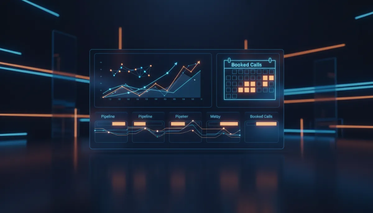 Futuristic 3D digital art of a GoHighLevel dashboard with glowing charts and a calendar filling up with booked calls, built and managed by a dedicated specialist
