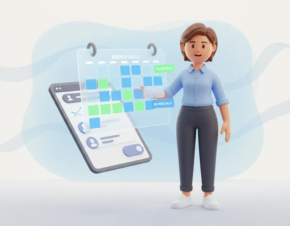 3D illustration of a small business owner celebrating as GoHighLevel automatically books calls on a holographic calendar