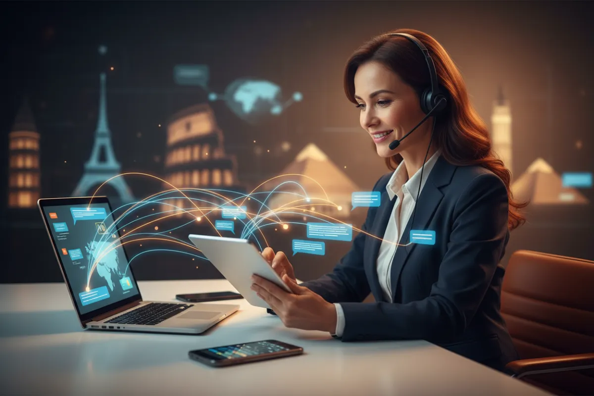 Travel agent using a unified communication app across devices.