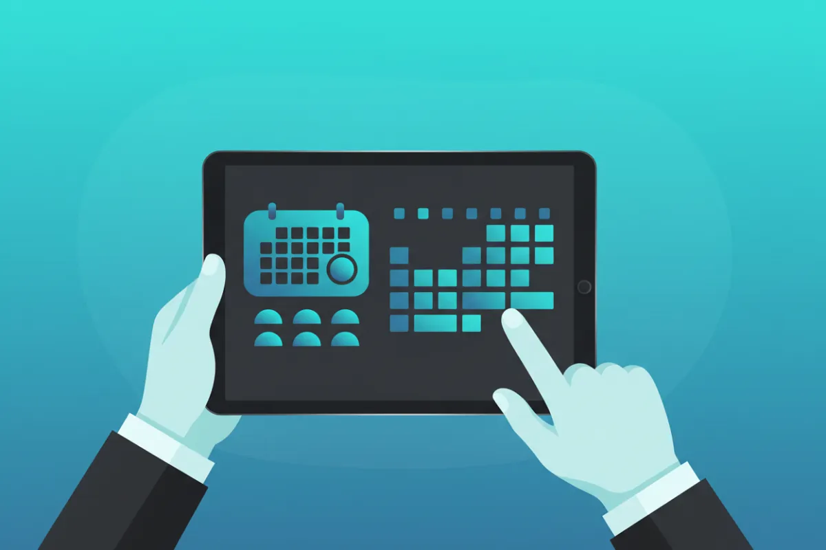 Booking demo UI on a tablet showing a compact booking card and calendar for travel agents