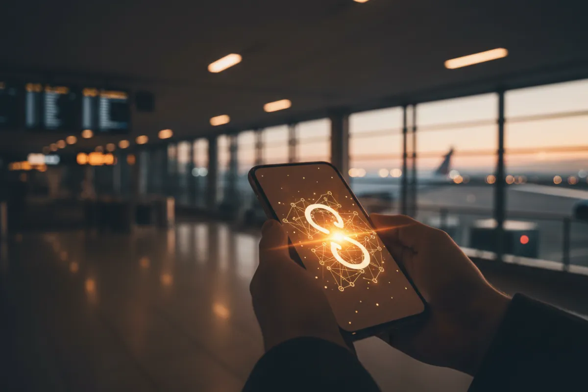 Traveler receiving a payment link on a smartphone in an airport setting, emphasizing speed and convenience.