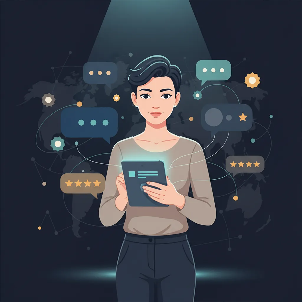 Illustration of a travel agent using OutreachPilot with automated chats and reviews around them