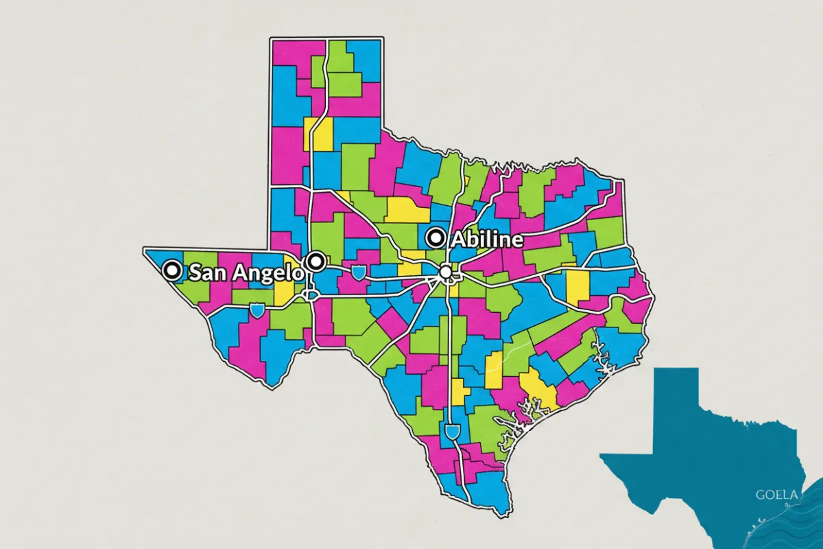Official map of Texas Congressional District 19 showing boundaries, major towns, highways, and highlighted precinct clusters.
