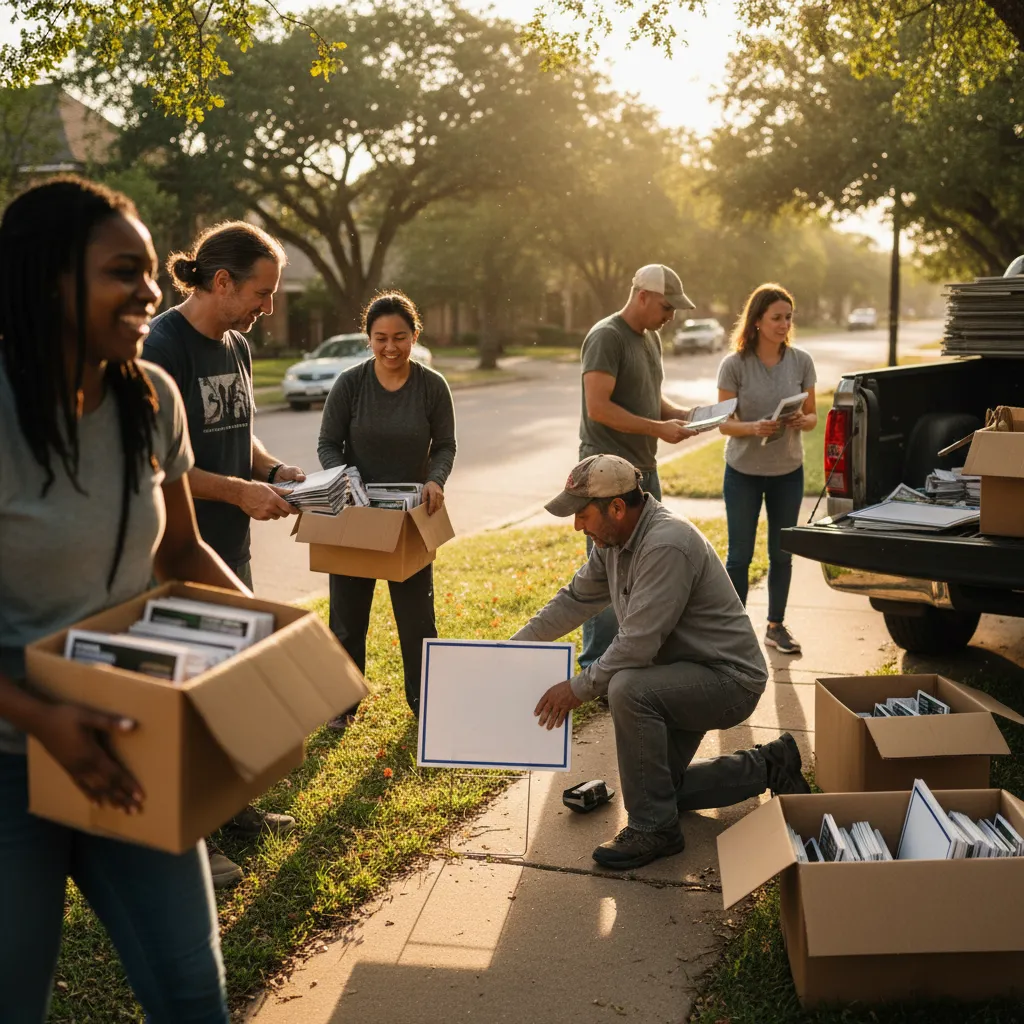 Volunteer crew of diverse adults organizing yard signs and literature on a sunny Texas street, mid-action carrying boxes and placing signs, candid photorealistic style, warm golden-hour light, tight-cropped square composition emphasizing grassroots energy and community.