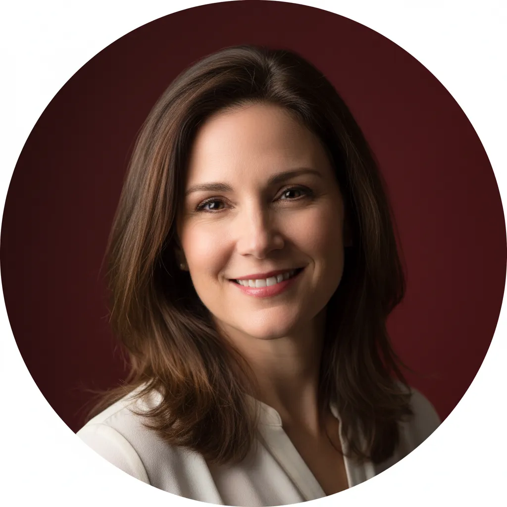 Headshot of Janet Rhodes, female endorser in her 40s, natural soft lighting, circular avatar crop, friendly expression, used for endorsements carousel in deep red background.