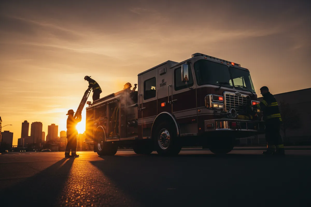 City first-responder truck at sunrise with firefighters in silhouette preparing equipment, high-contrast warm tones, photorealistic, conveys readiness and public safety commitment.