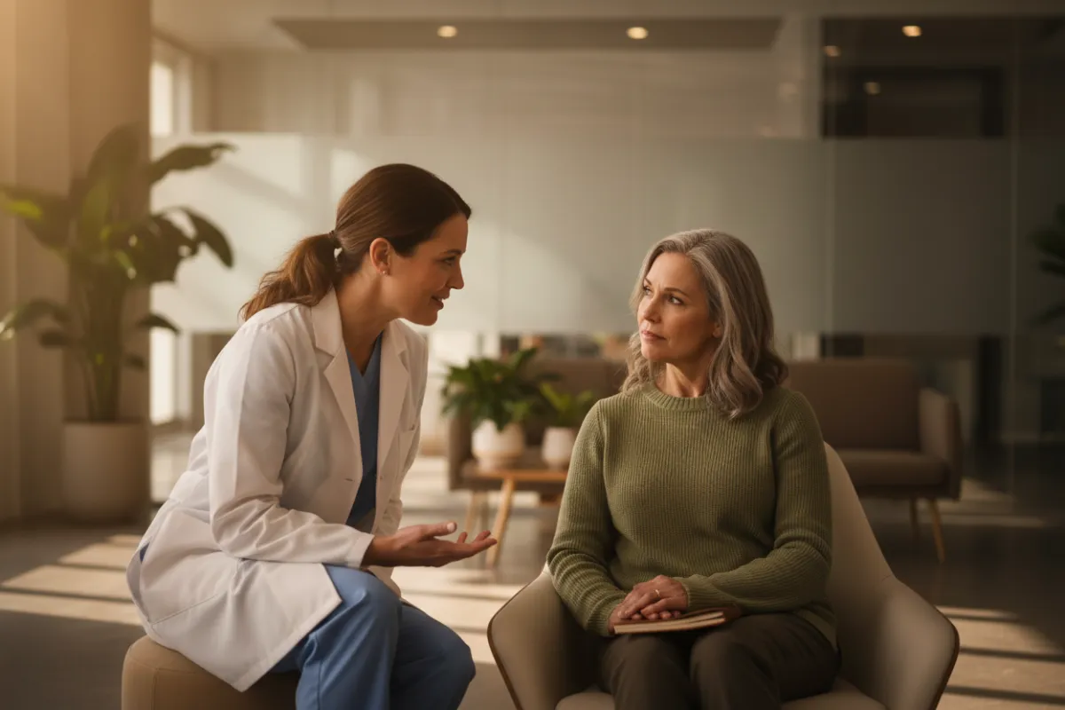 Cinematic-style 1200x800 photorealistic image of a female doctor in a traditional white coat interacting with a middle-aged female patient in a modern waiting room, warm cinematic lighting, composed framing emphasizing empathy and professionalism.