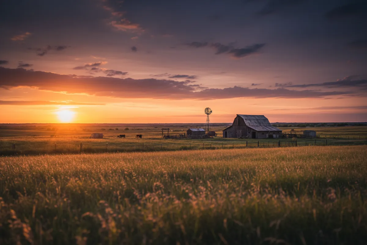 Cinematic Texas farm or ranch at golden hour, widescreen composition, modern film color grading, 1200x800.