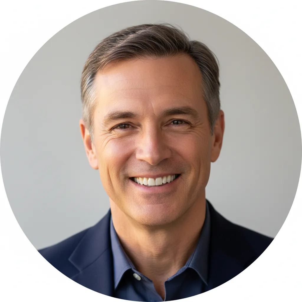 Headshot of Marcus Ellery, mid-50s male endorser, warm studio lighting, close-cropped circular crop, white teeth smile, navy jacket, used as testimonial avatar with 1:1 ratio.