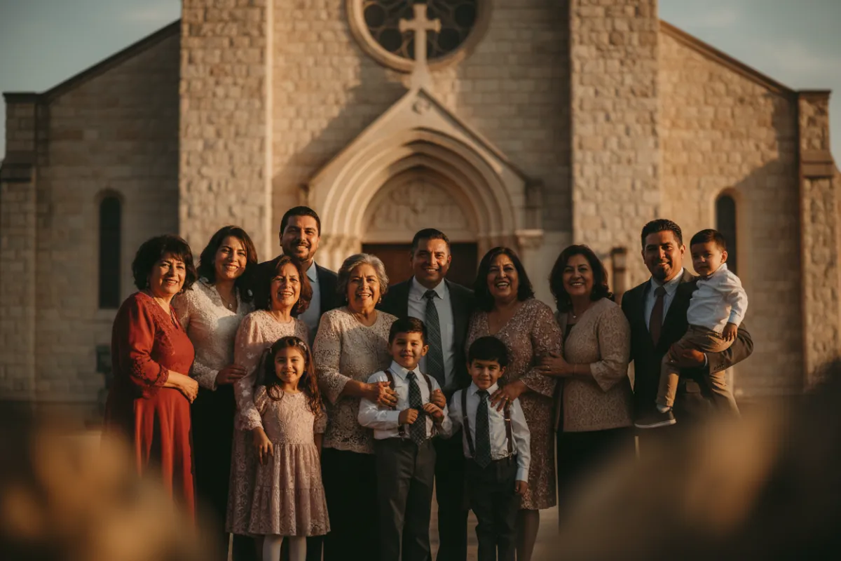 Group of Hispanic conservative families gathered at the front of a Catholic church, smiling, cinematic modern style, 1200x800, respectful community portrait.
