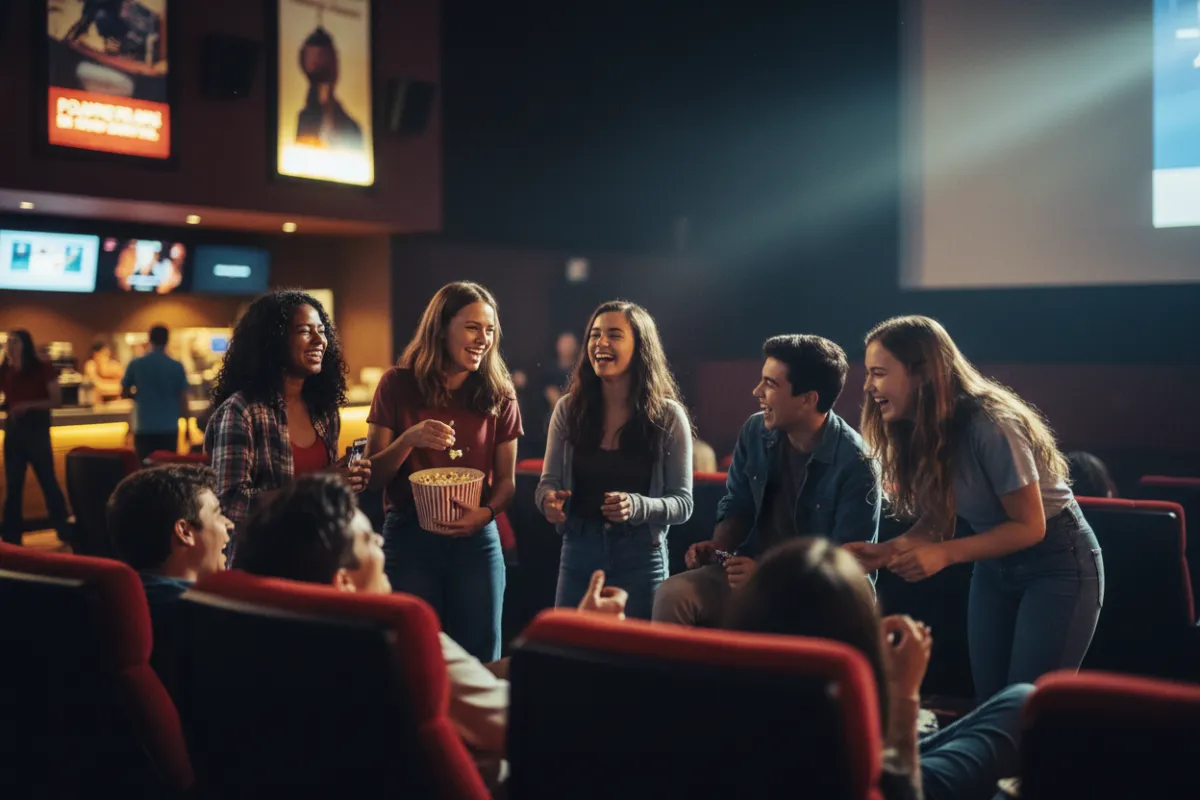 Cinematic 1200x800 photo of a group of teenagers gathered at a modern movie theater, laughing and enjoying themselves under a neon marquee with warm cinematic lighting and high detail.
