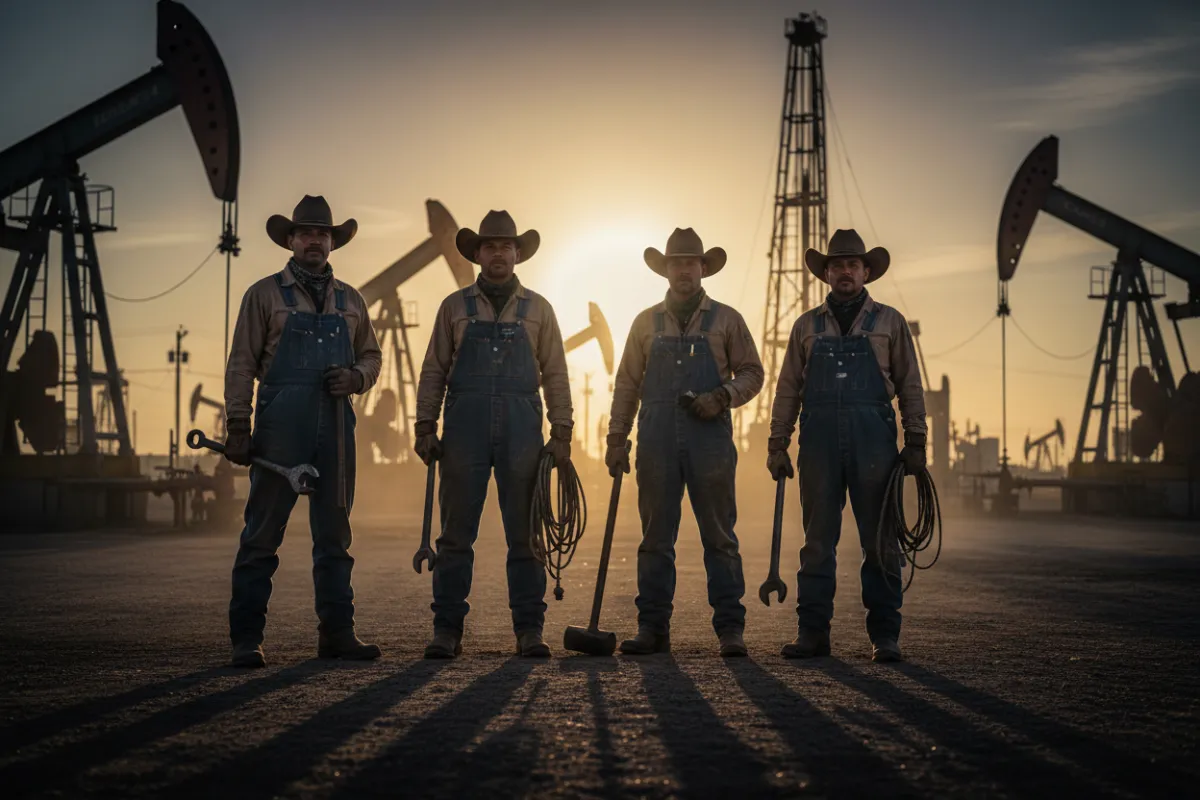 Texas oil field workers in traditional dress holding tools, cinematic modern style, 1200x800, dramatic lighting, photorealistic, emphasizes labor and landscape, compression":true