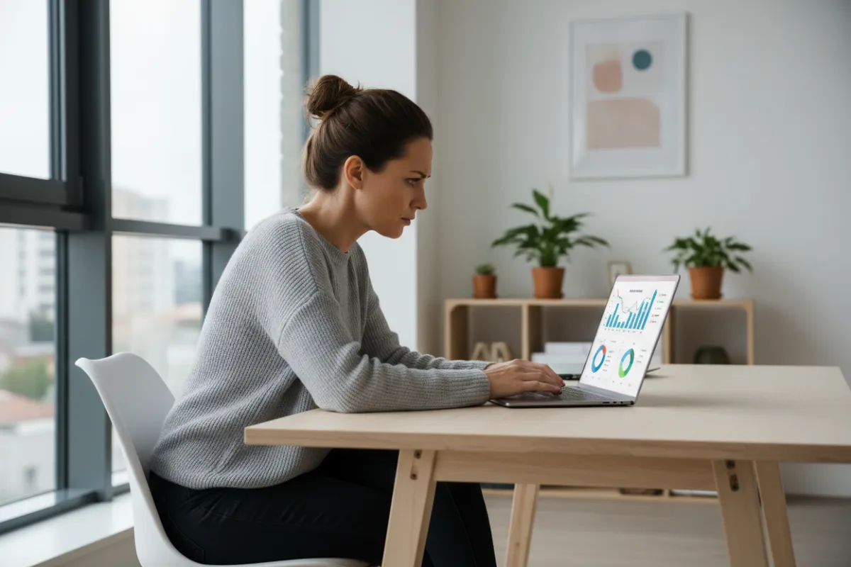 Small business owner at a desk, looking at a laptop with a worried expression, digital ad graphs on screen, modern office, natural light, diverse, realistic style.