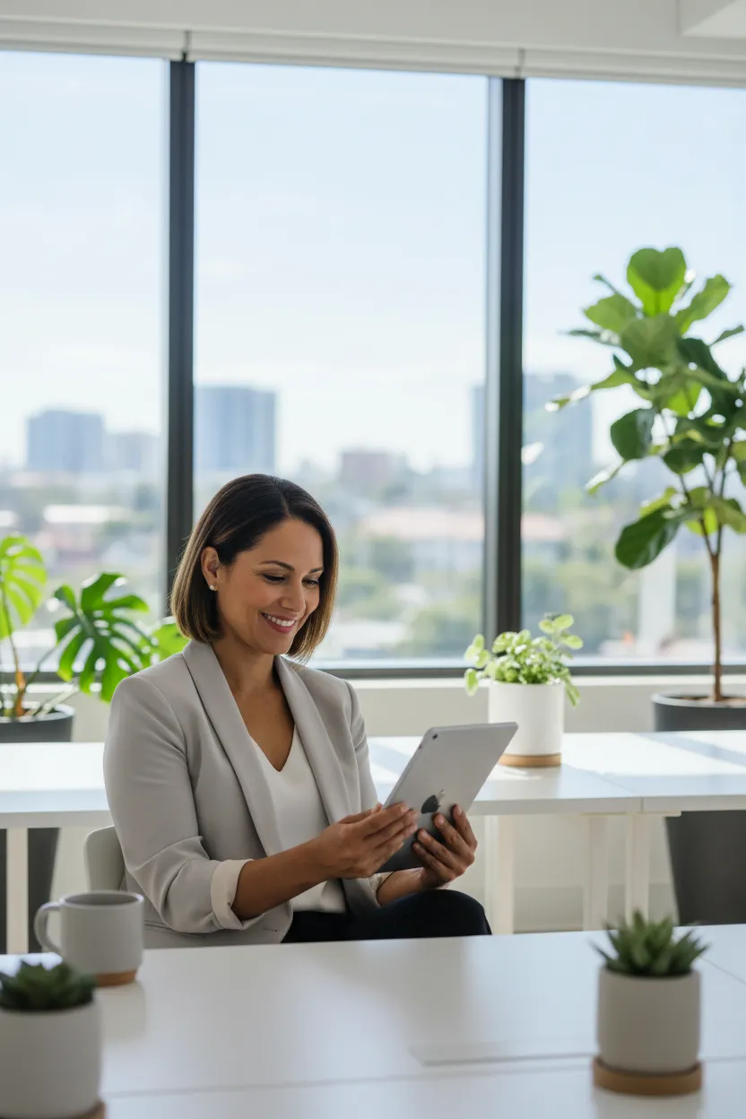 Businesswoman in a bright workspace, smiling while reading an eBook on a tablet, indoor, modern, diverse, energetic, 2:3 aspect ratio.