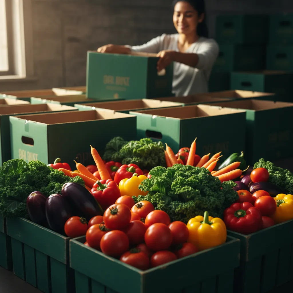 Volunteers packing fresh groceries at the food pantry
