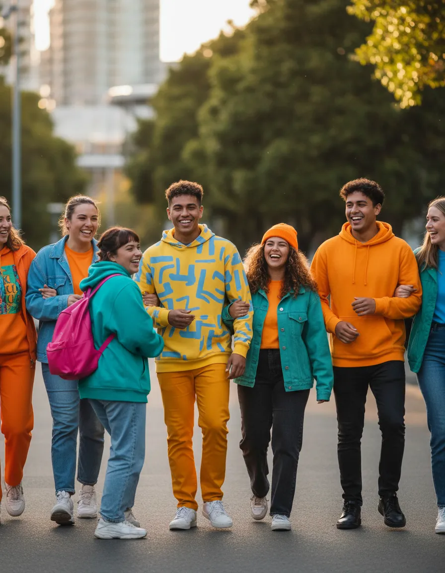 Group of diverse rangatahi laughing outdoors in bright colours