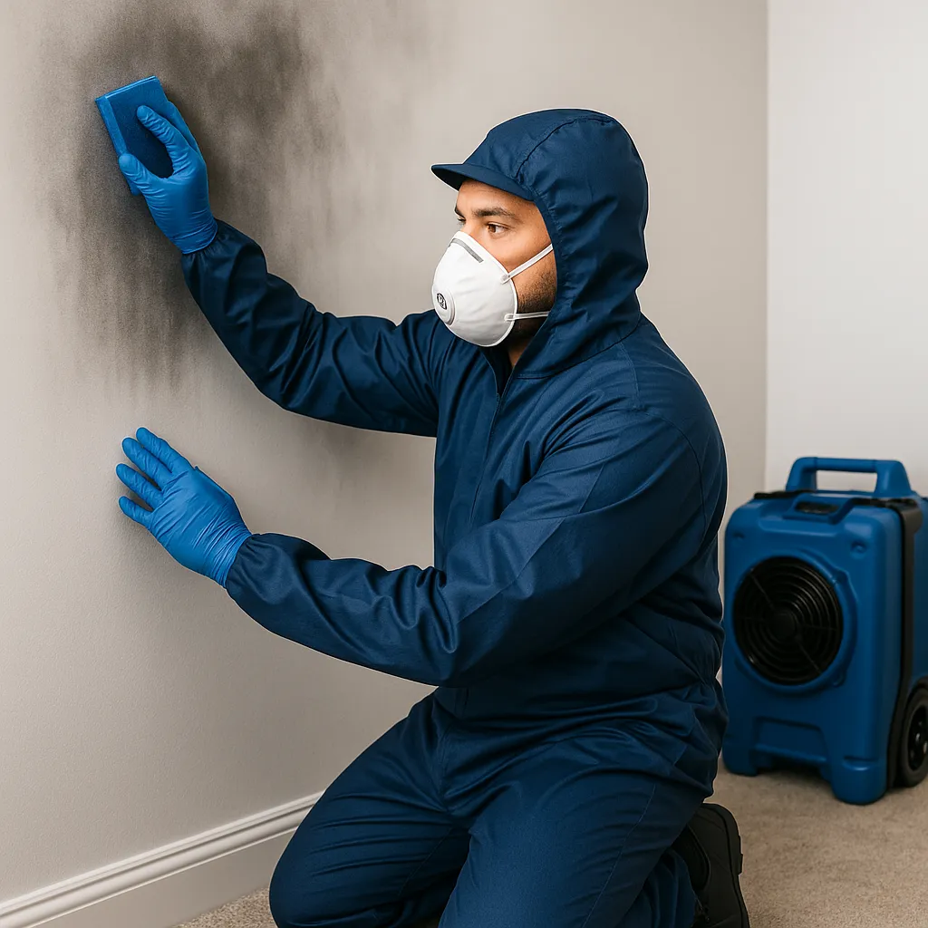Fire and smoke damage restoration technician cleaning soot and deodorizing.