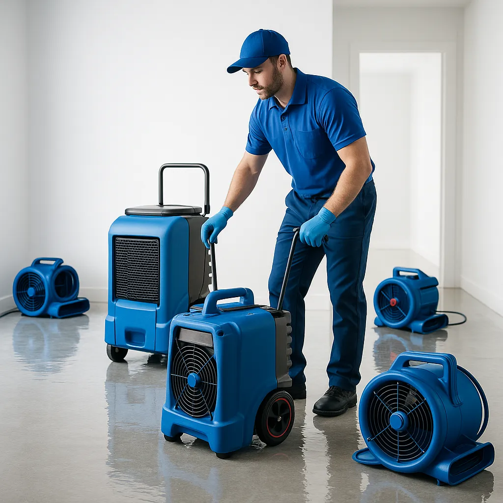 Technician using drying equipment for water damage restoration in a modern interior