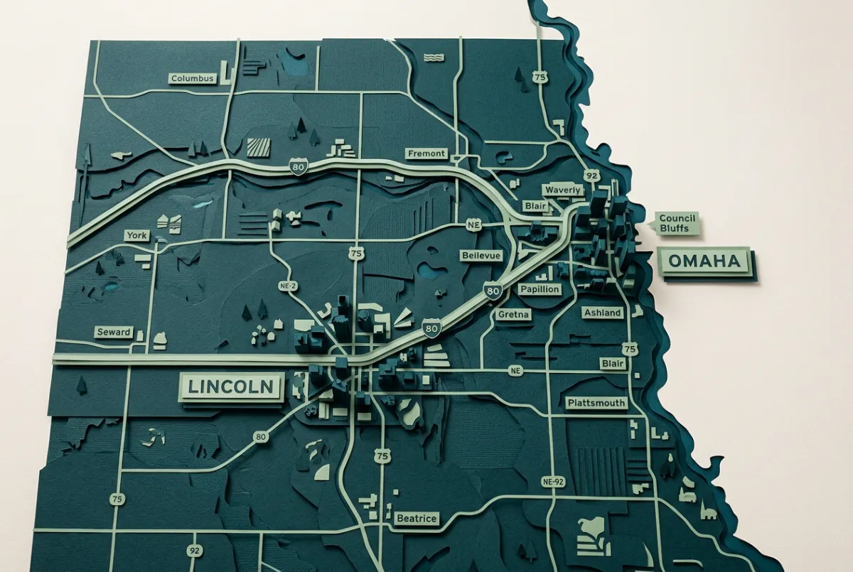 Stylized regional service coverage map highlighting Lincoln, Hickman, Omaha, and Eastern Nebraska communities