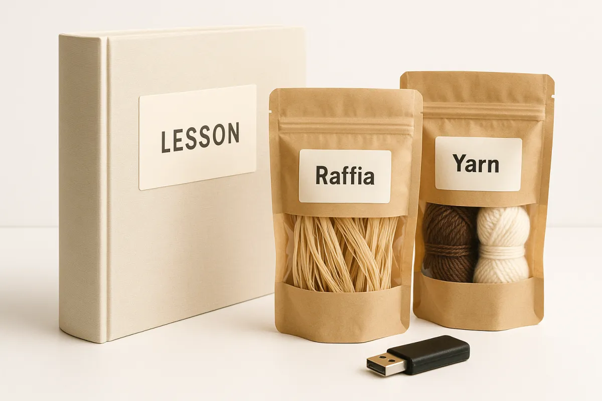 Three curated classroom kits with binder, labeled natural-fiber materials, and USB guides arranged on a neutral surface in bright studio lighting.