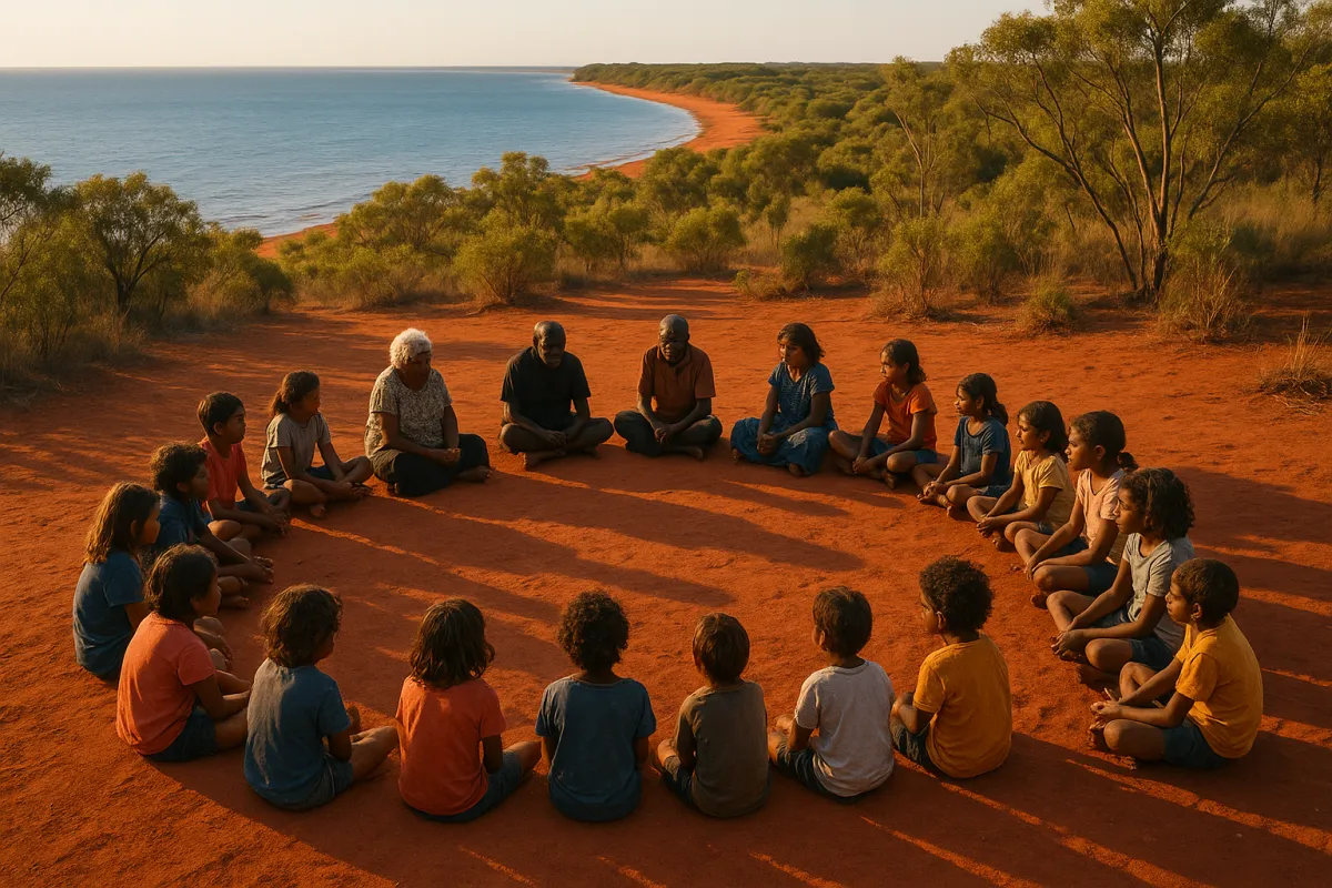 Aerial view of a coastal Aboriginal village learning circle with elders and children sharing stories.
