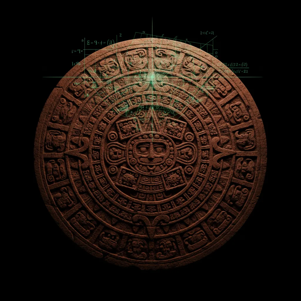 Ancestral Tzulukin geometric time cycle carving illuminated in darkness