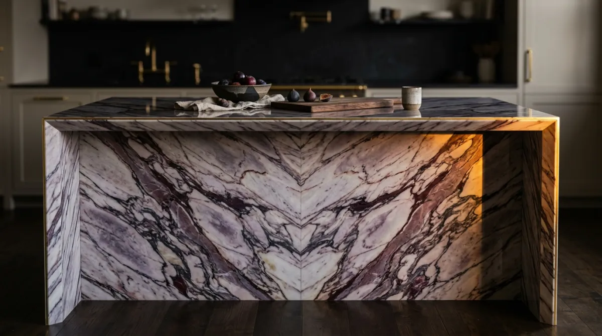 Finished Calacatta Viola marble kitchen island installation with bookmatched waterfall mitered edge