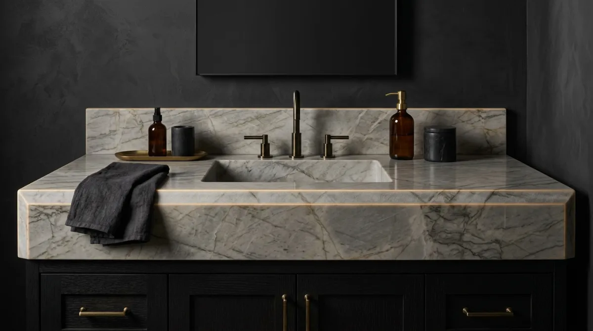 Finished Taj Mahal quartzite master bath vanity installation with honed architectural edging