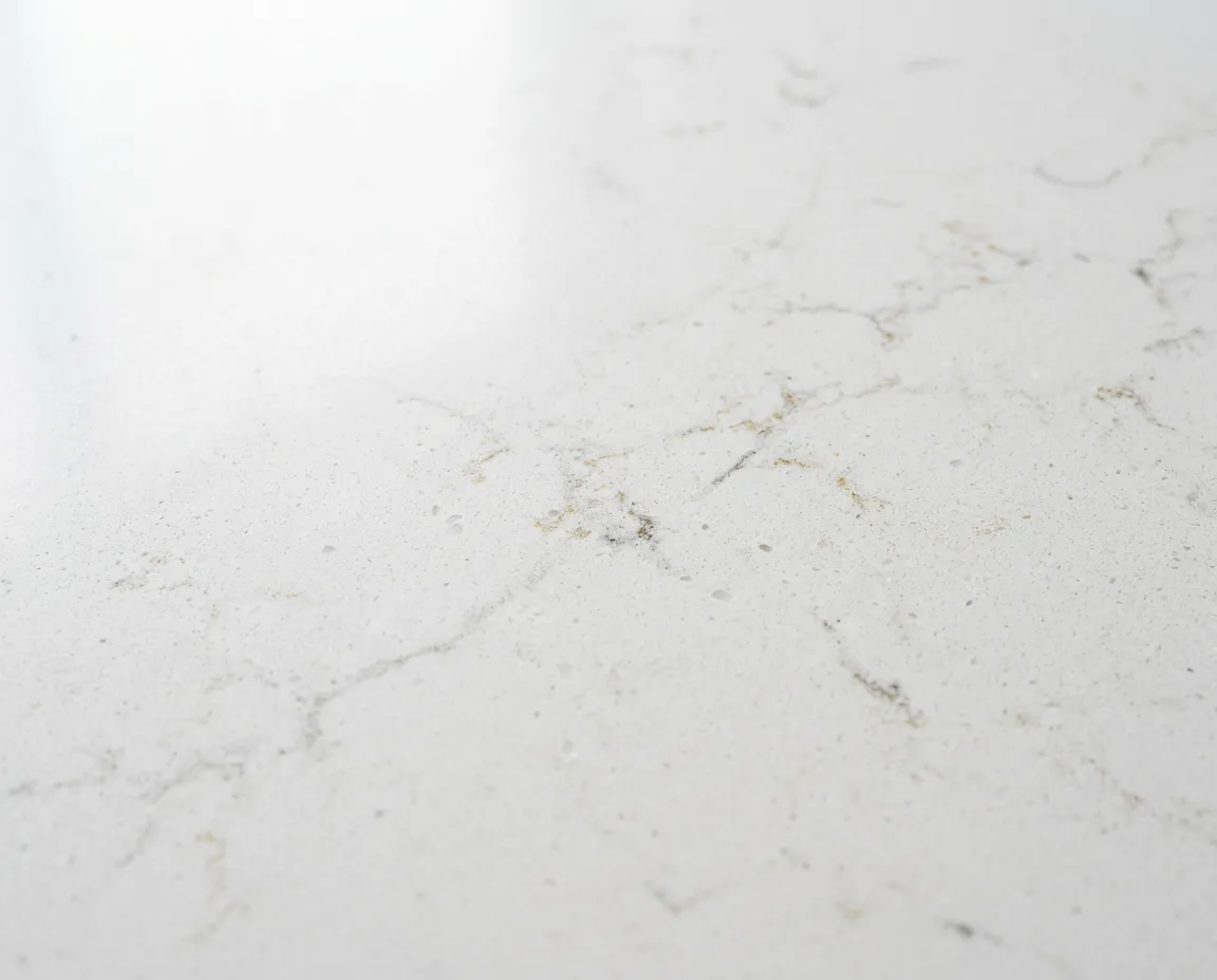 Macro texture close-up of pure architectural engineered quartz surface with subtle aggregate flecks