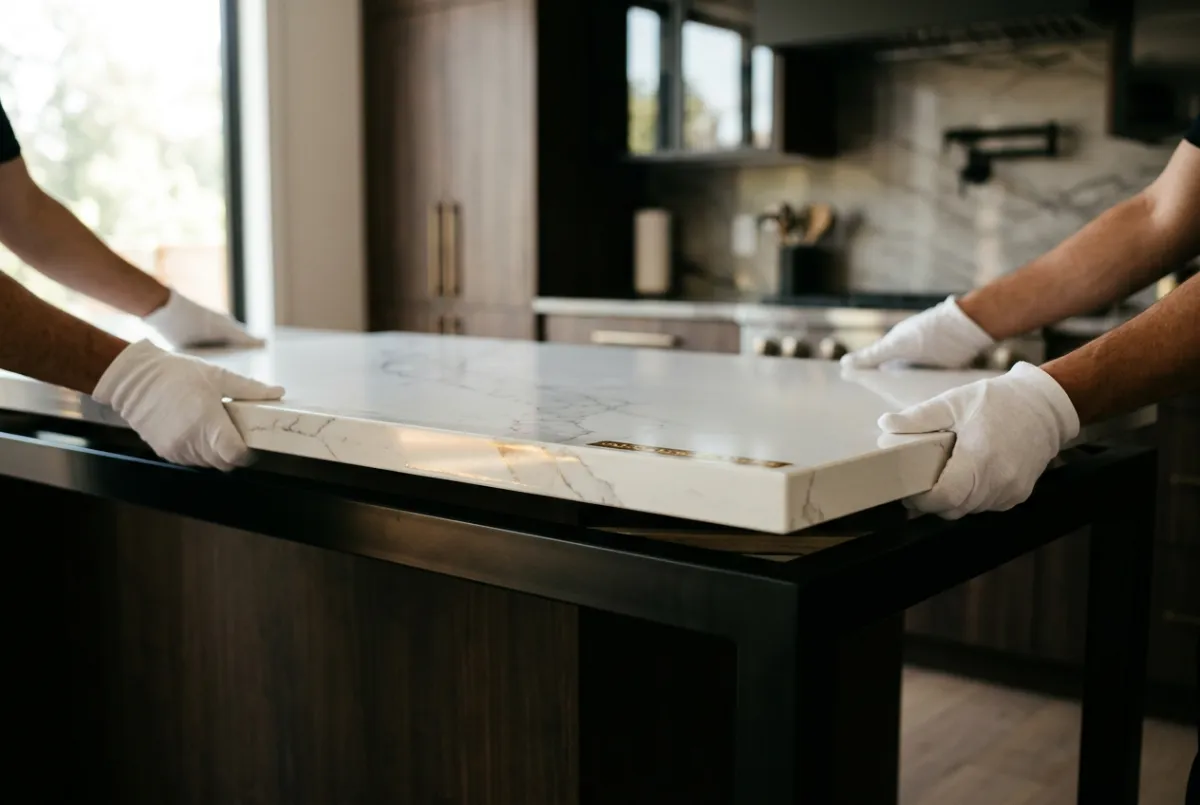 Final white-glove stone countertop installation and pristine finished kitchen